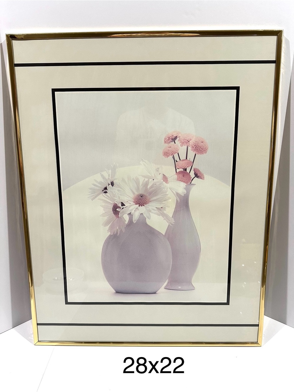 Vintage 1980s Floral Framed Vase Flowers Wall Art Daisies Pompons 28” White Gold